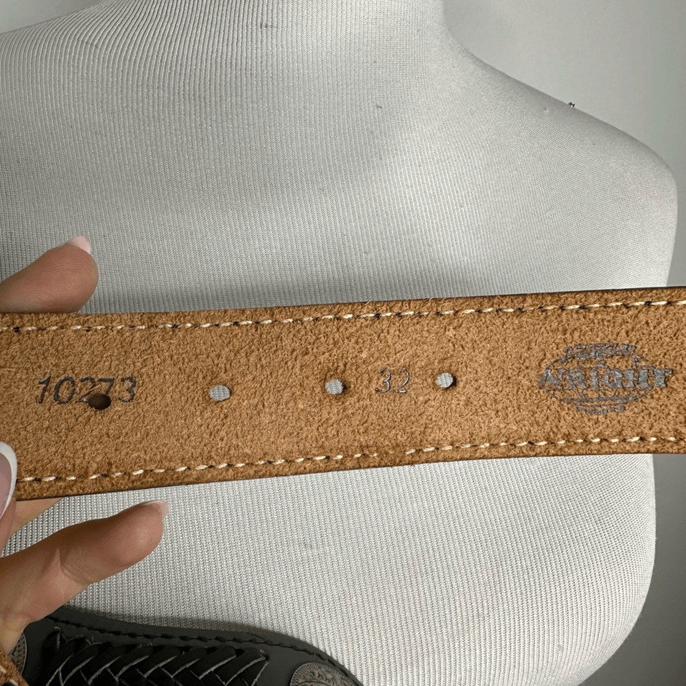 vtg WRIGHT woven leather medallion belt GRAY boho waist cinching western S/M - Picture 3 of 8